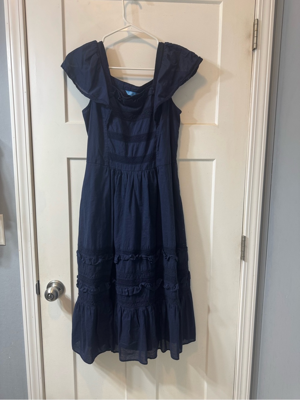 Draper James Navy Textured Ruffle Top